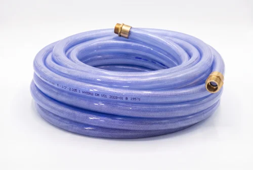 Clear Hydroseed hose with internally expanded brass male thread one end female other end