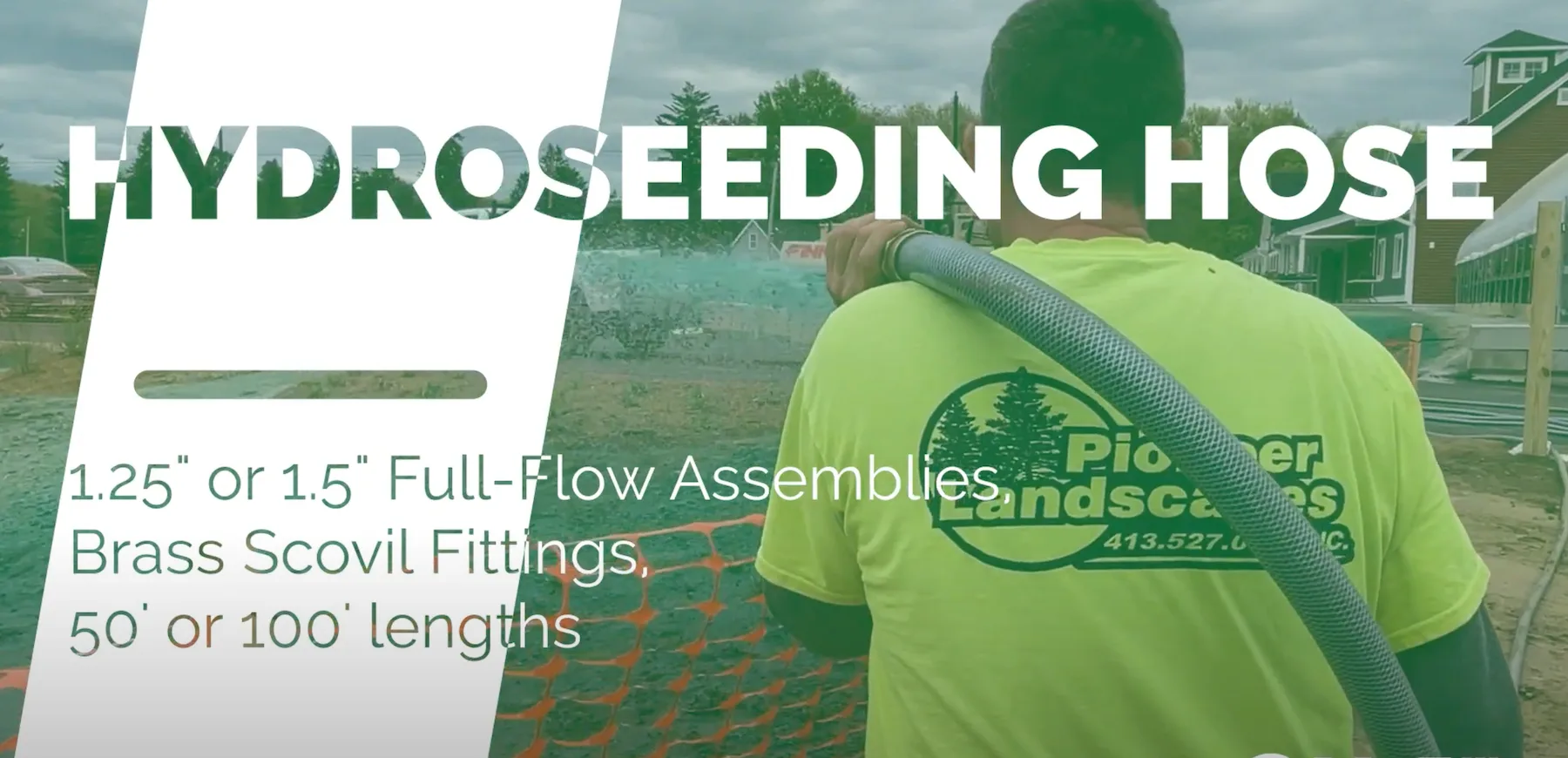 photo of a landscaper using hydroseeder hose with text