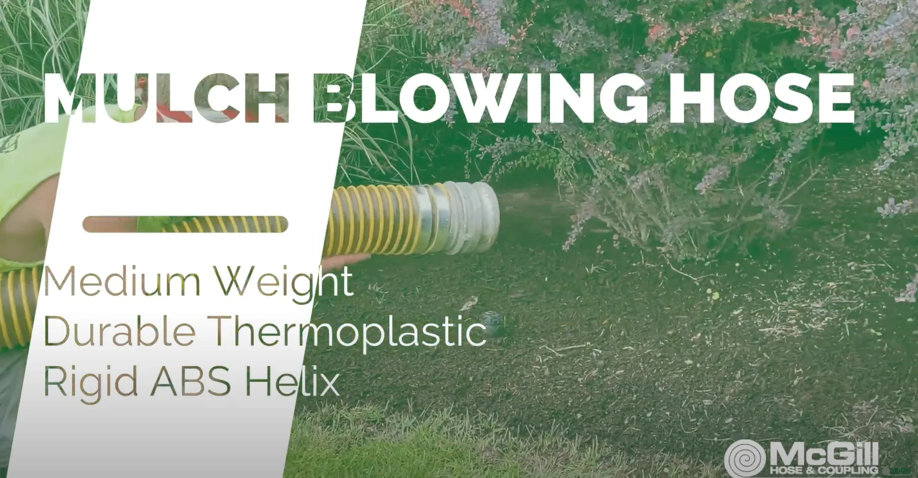 photo of mulch blower hose with text reading mulch blowing hose