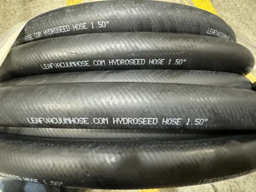 Black hydro seeder hose from LeafVacuumHose.com and McGill Hose & Coupling. Available in hose only and hose assemblies for all hydroseeding equipment.